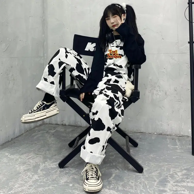 Female Black White Plaid Overalls Casual Jumpsuit Trousers Baggy Pants Street Hip-hop Harajuku Girl Cow Print Onesies for Women