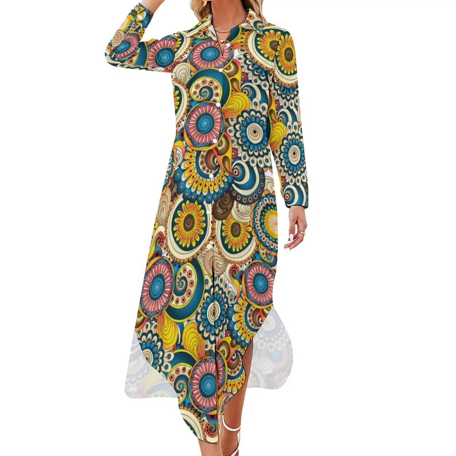 

Multi Sunflower Chiffon Dress Abstract Swirl Artsy Elegant Dresses Long Sleeve Street Wear V Neck Print Oversized Casual Dress