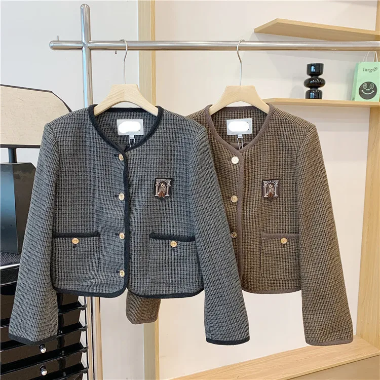 

Женские куртки из смесовой шерсти, вышивка медведем, черная клетка, офисная работа, Женское пальто, мода