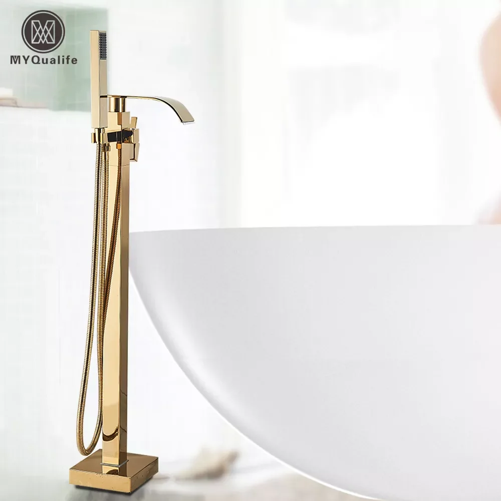 

Luxury Gold Bathtub Faucet Freestanding Bathroom Faucet with Handshower Swive Spout Floor Mounted Bath Shower Mixer Tap