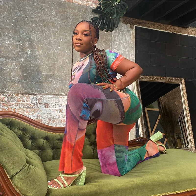 

Znaiml 2022 сексуальный комплект из двух предметов с коротким рукавом Y2k брюки футболка короткий топ комплект для женщин Забавный принт прозрачн...