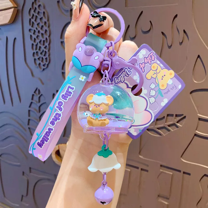 Cartoon Spring Orchid Wind Chimes Cup Keychain Moving Liquid Quicksand Rabbit Bear Key Ring for Women Girl Car Bag Keyfob Gifts
