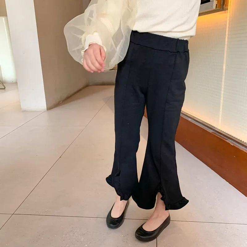 

Брюки для девочек, Новинка Весна 2022, женские черные асимметричные трикотажные брюки с колокольчиком и ушным краем, брюки 5-7