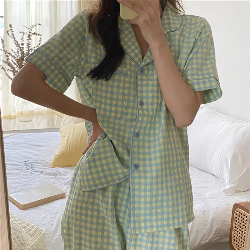 QWEEK Plaid Women's Pajamas Female Brief Lounge Set Woman 2 Pieces Sleepwear Suit Pijama Korean Short Sleeve Pyjamas Nightwear