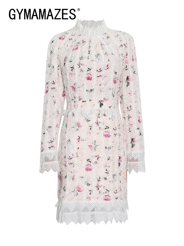 

Платье-мини женское кружевное с круглым вырезом и длинным рукавом