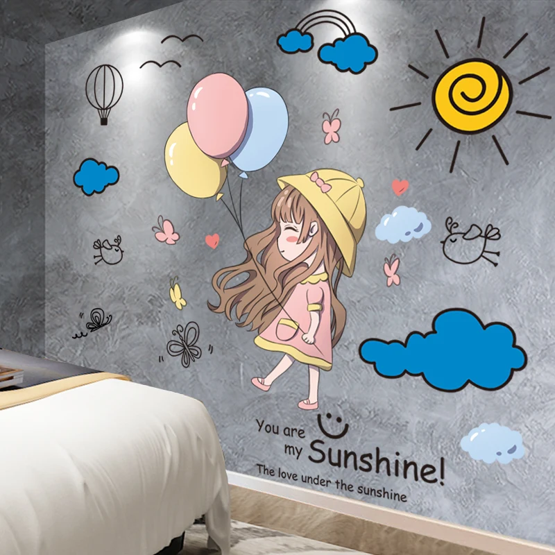 

[shijuekongjian] Cartoon Girl Balloons Wall Stickers DIY Sun Coulds Mural Decals for Kids Rooms Baby Bedroom House Decoration