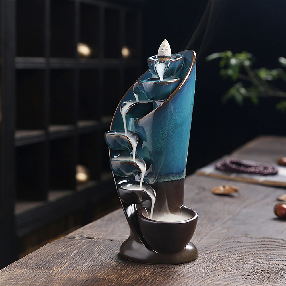 

European Torch Ceramic Backflow Incense Burner Fragrance Waterfall Incense Burner with 20 Cones for Zen Yoga Meditation