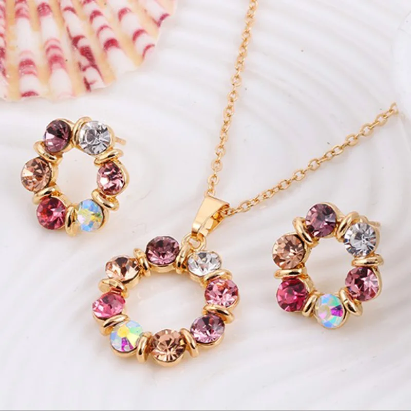 

New Circle Ladies Jewelry Set Color Treasure European and American Jewelry Diamond Earrings Necklace Earrings Two-piece Set