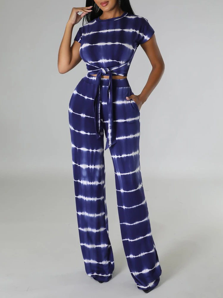 

Женские комплекты с широкими штанинами, спортивная одежда с принтом, короткий топ на шнуровке с эластичным поясом, летний сезон 2023