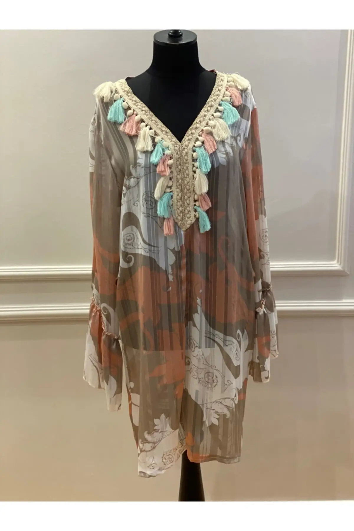 

Women's Pareo Shawl Pattern Beach Dress With Shoulder Window Swimwear Cover Up Dress Sexy Tunic Suit Beachwear