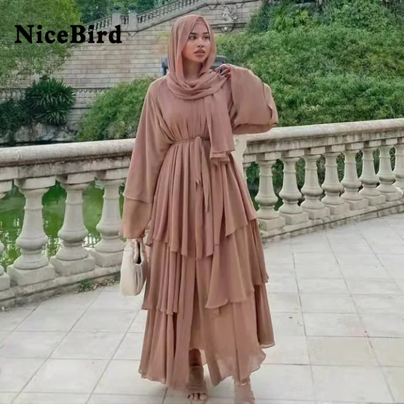

Nicebird Chiffon Abaya New Women Pleated Big Size Long Dress Solid Elegant New O-Neck Long Sleeve Loose Spring Summer 2023