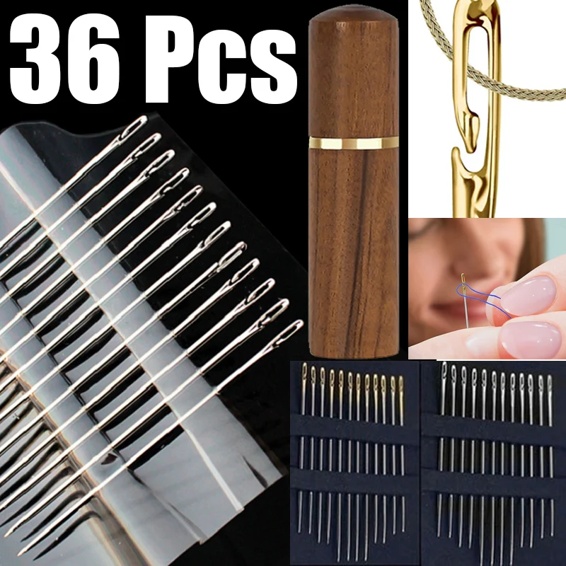 

36pcs Self Threading Sewing Needles Blind To Wear Set Side Opening Hole Fast Through Stainless Steel Darning Hand Needle Tools