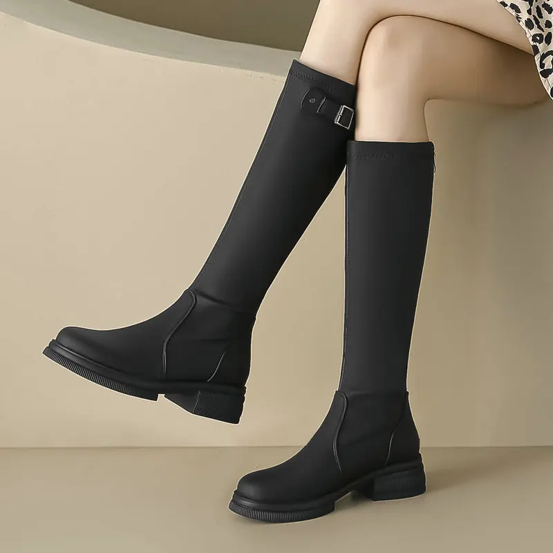 

Женские высокие сапоги до колена, с круглым носком, на толстом высоком каблуке, мотоциклетная обувь, размеры 34-43, для осени и зимы