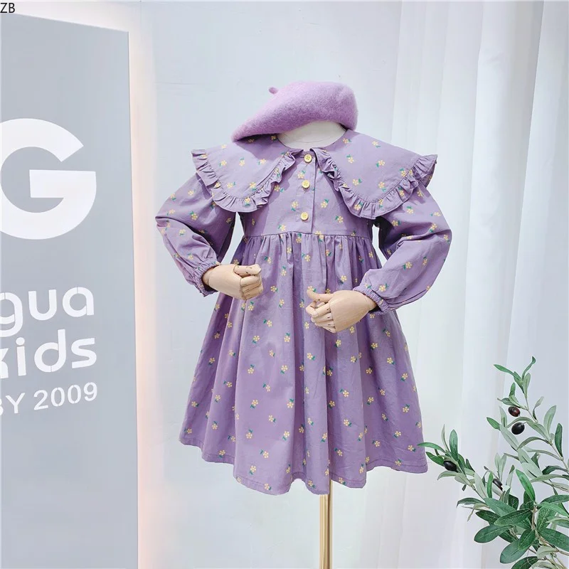 

New Spring Autumn Girl's Cute Floral Print Dress Children Fashion Party Dress Kids Infant Clothes Flower Girl Purple Dress ZB