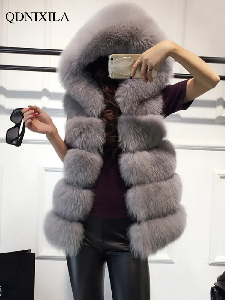 Women's Fur Coat Imitating Fox Hair In Autumn Winter Of 2022, Medium Long Loose Warm Hooded Vest, Wool Coat For Jacket Women