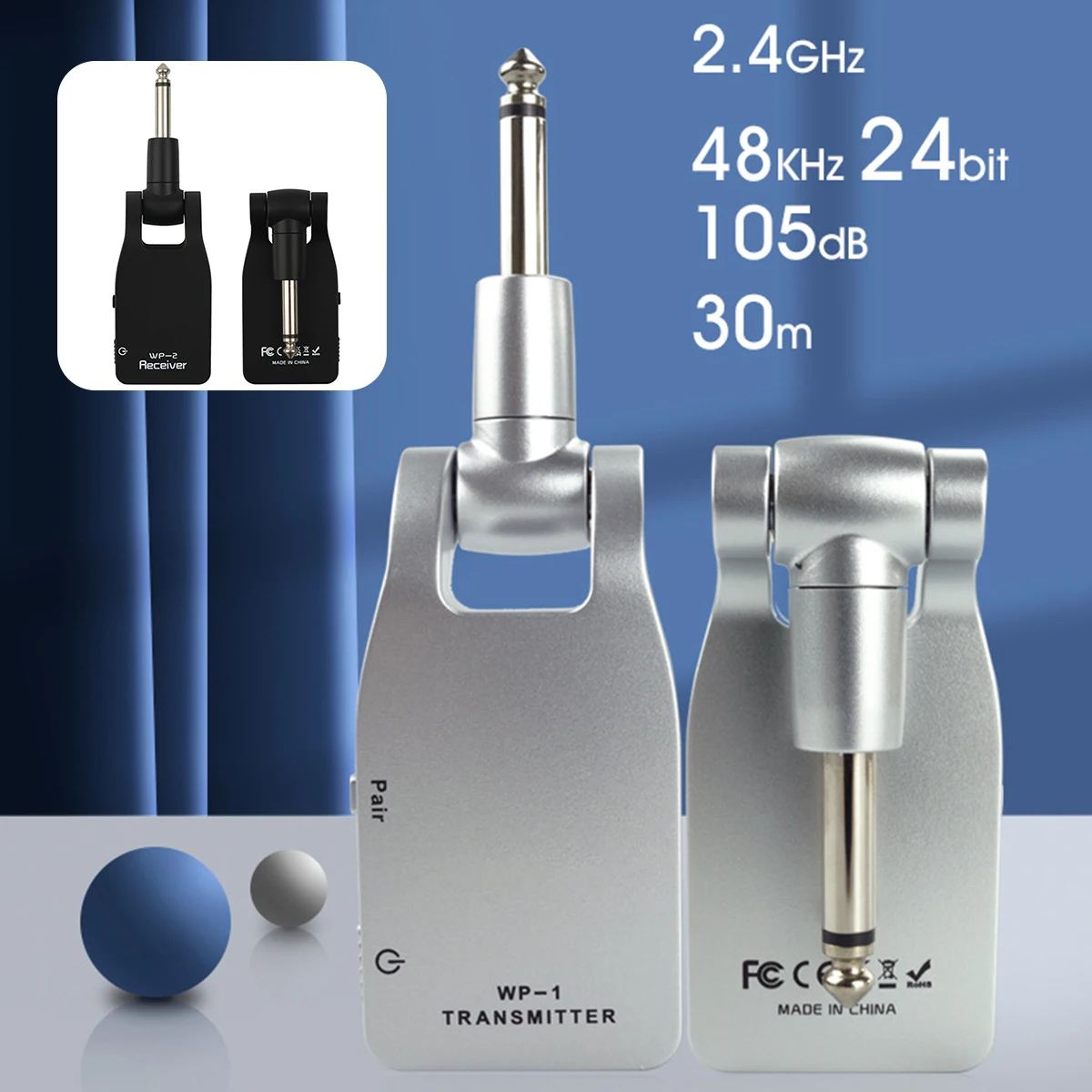 

2.4G Wireless Guitar System Transmitter & Receiver for Guitar Bass Built-in Rechargeable Lithium Battery 30M Transmission Range