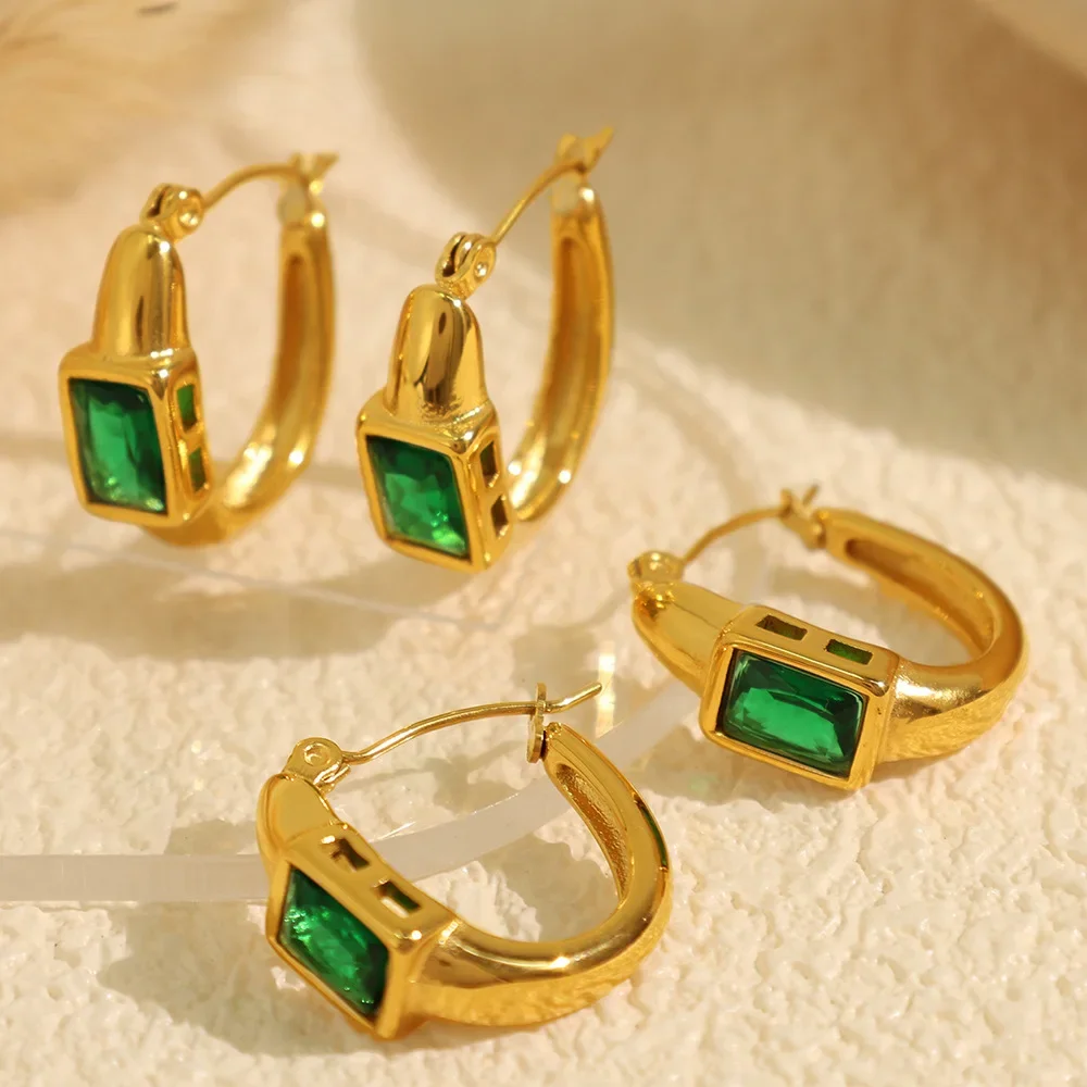 Модные французские изумрудные цирконовые золотые серьги из нержавеющей стали 316L