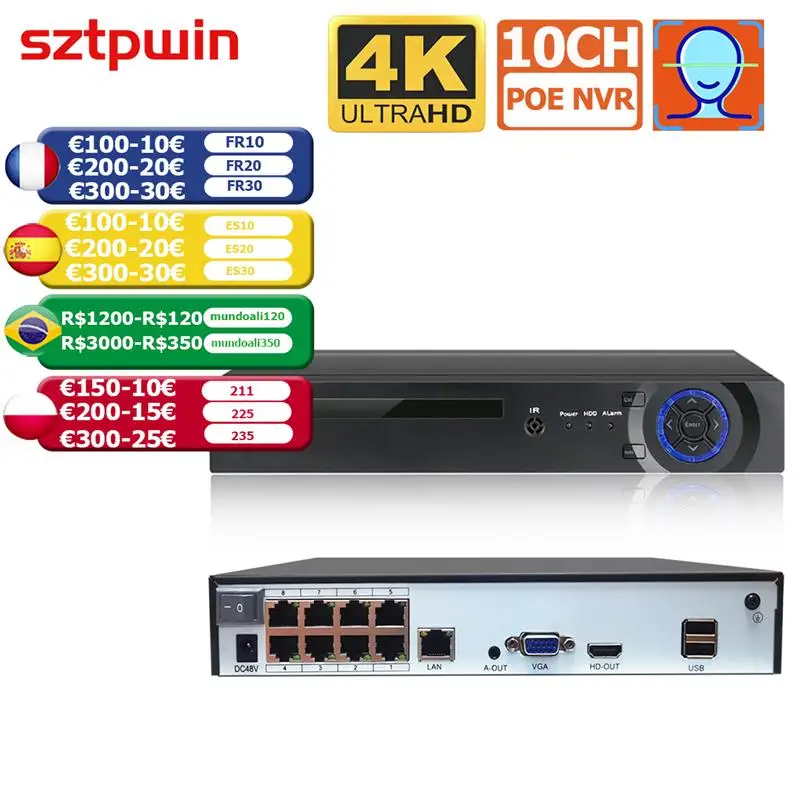 

Видеорегистратор 4CH 8CH 4K 8MP H.265 PoE NVR для HD 4K 3MP 4MP 5MP PoE IP Camera распознавание лица 48V ONVIF видеонаблюдение