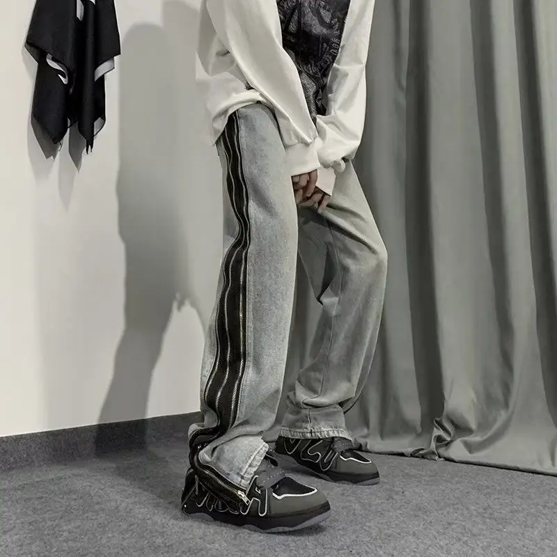 

Side Zipper Splicing Jeans for Men's New Fashion Autumn Temperament Retro Washable High Street Straight Casual Pants