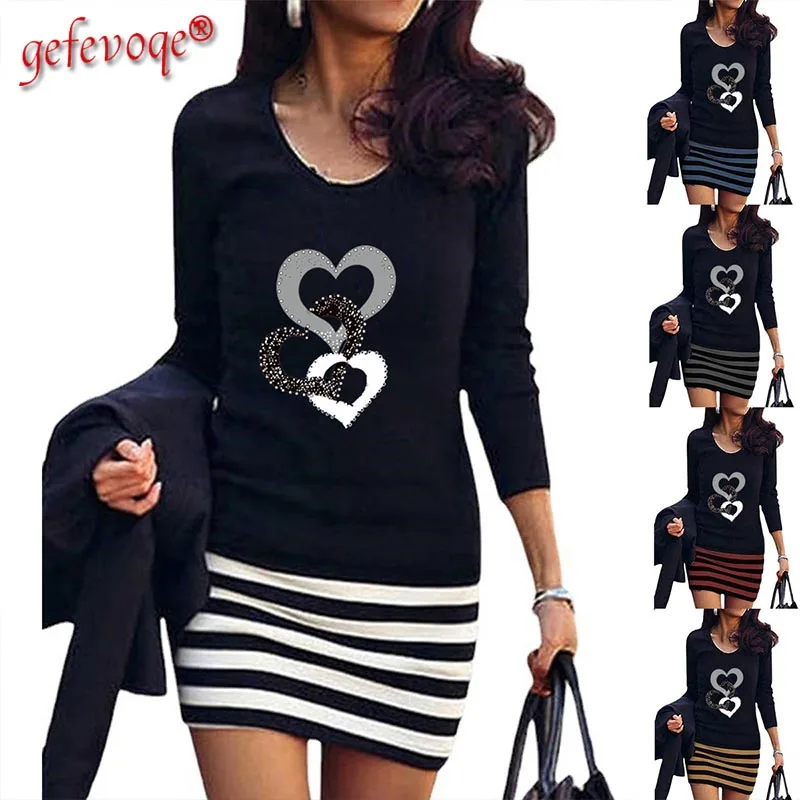 

New Style Dresses Women with Love Heart Slim Fashion Round Neck Long Sleeves Striped Female Elastic Waist Supple Mid-Calf Dress