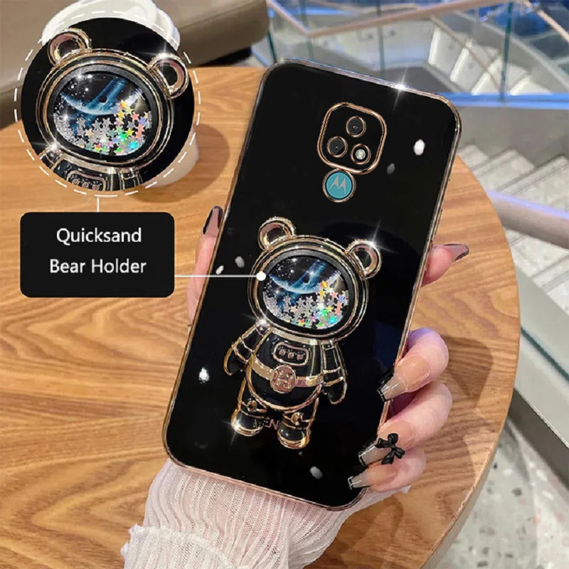 

Cartoon Bear Fold Stand For Motorola E7 Plus Phone Case Luxury Plating Cover