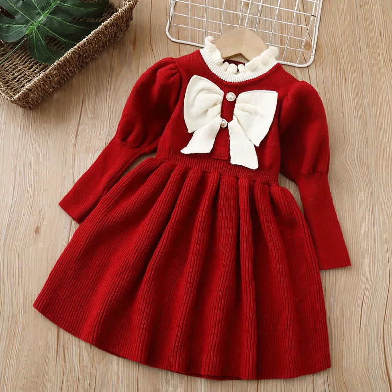 Bear Leader Baby Girls Dresses Autumn Winter Kids Knitted Long Sleeve Dress Bow Fashion Princess Dress Party Clothes Vestidos