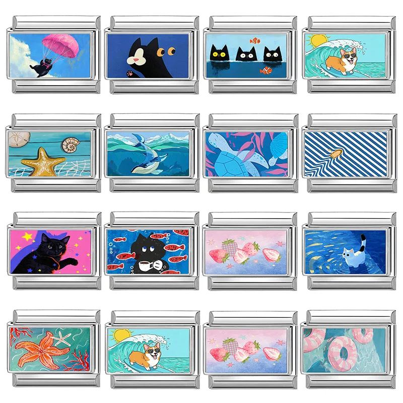 Фото Браслет Happylife Blue Sea с забавными фигурками кошки, собаки, черепахи и рыбок, персонализированный, итальянский шарм-браслет, подходит для браслетов 9 мм, из нержавеющей стали, ювелирное изделие. №2