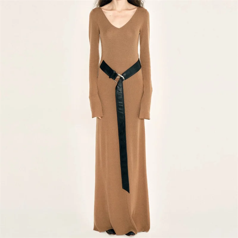 

dresses for women 2023 Autumn New Wool Blended Knitted Long Dresses Korean Fashion Belt Decorated V-neck Long Sleeved Top traf