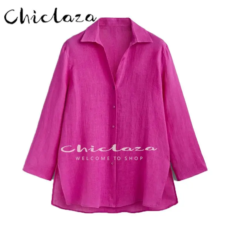 

CHICLAZA 2022 Spring Autumn Women Fashion Loose Linen Shirt Top Female Solid Elegant Single-breasted Blouses Ladies
