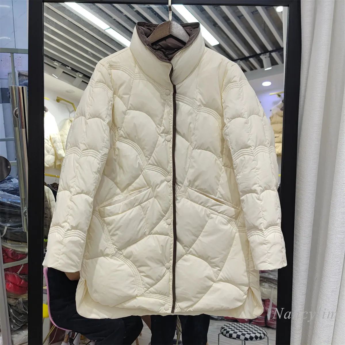 2022 Autumn and Winter New White Duck Down Feather Jacket Women's Mid-Length Korean Fashion Stand-up Collar Coat Puffer Coats