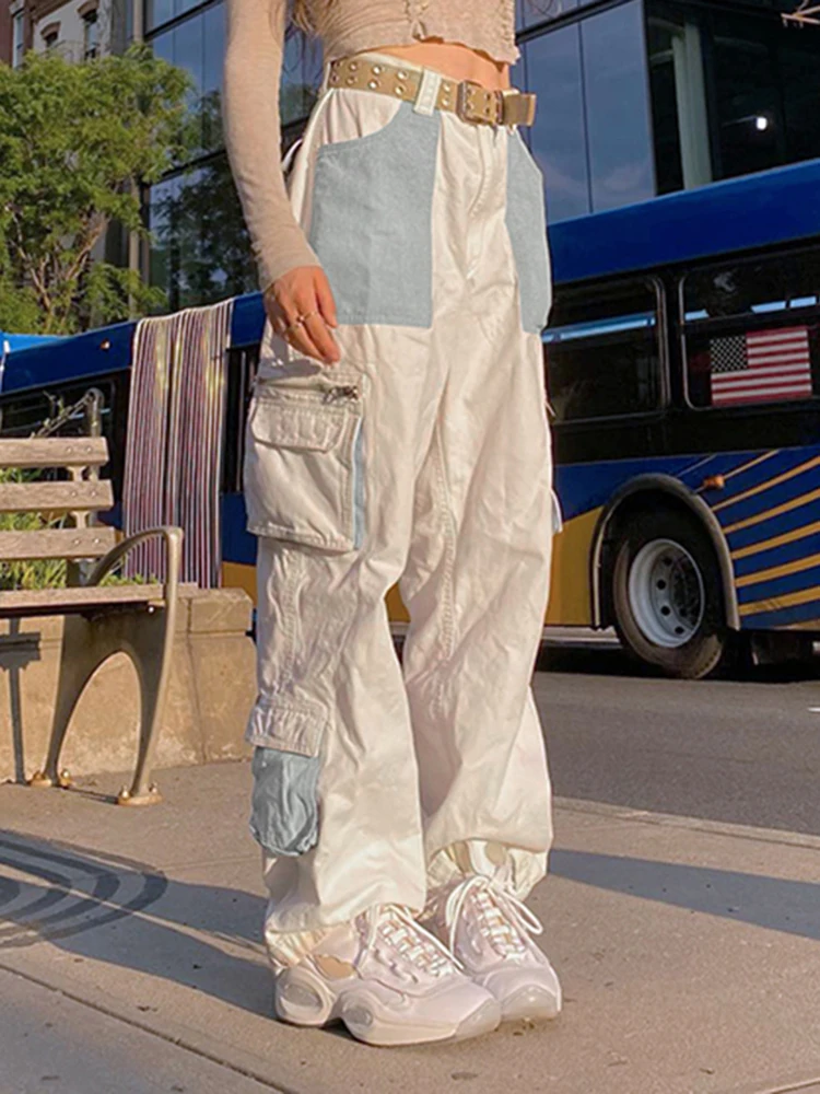 

YIKUO Contrast Patchwork Pockets Streetwear Cargo Jeans For Women 2022 Korean Fashion Low Waist Casual Hippie Denim Trousers