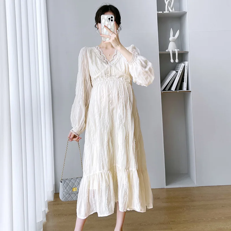 

Pregnant Dresses French Wind Long-sleeved Sweet Princess 2022 New Temperament Elegant Lace Plus Size Maternity Clothes Versatile