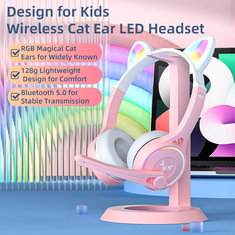 

Беспроводные наушники «кошачьи уши» со светодиодным микрофоном, Bluetooth-наушники для детей, RGB Стерео Съемный кабель, игровая гарнитура с TF-ка...