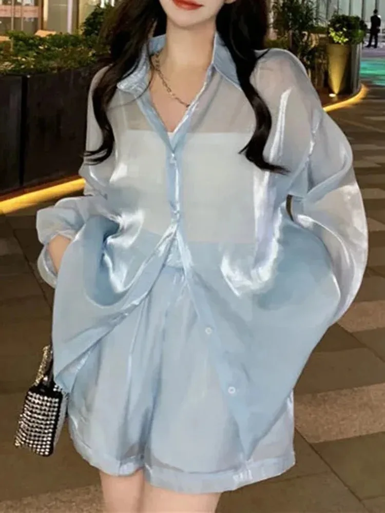 Модные прозрачные женские повседневные шорты с высокой талией комплект из двух