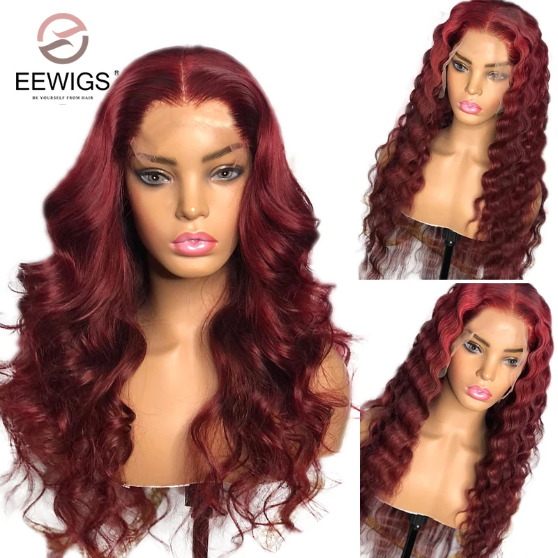 

Water Wave Synthetic 99J Burgundy Colored Heat Resistant Transparent 13X4 Lace Front Wigs For Women Preplucked Drag Queen Daily