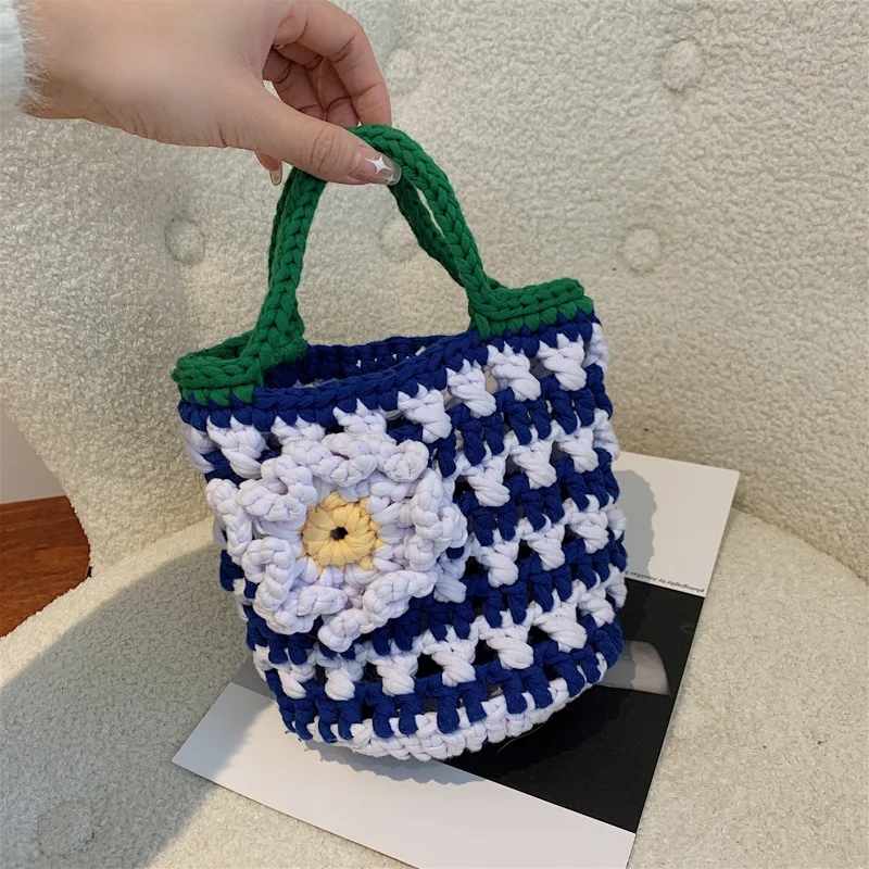 

Элегантная плетеная сумка ручной работы с большими цветами маргаритками, женская сумка, шерстяная сумка для девушек, сумка-мешок большой вм...