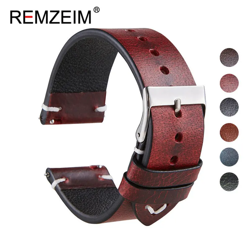

REMZEIM 18mm 20mm 22mm High-end Retro 100% Calf Leather Watch Band Watch Strap With Genuine Leather Straps 7 Colors