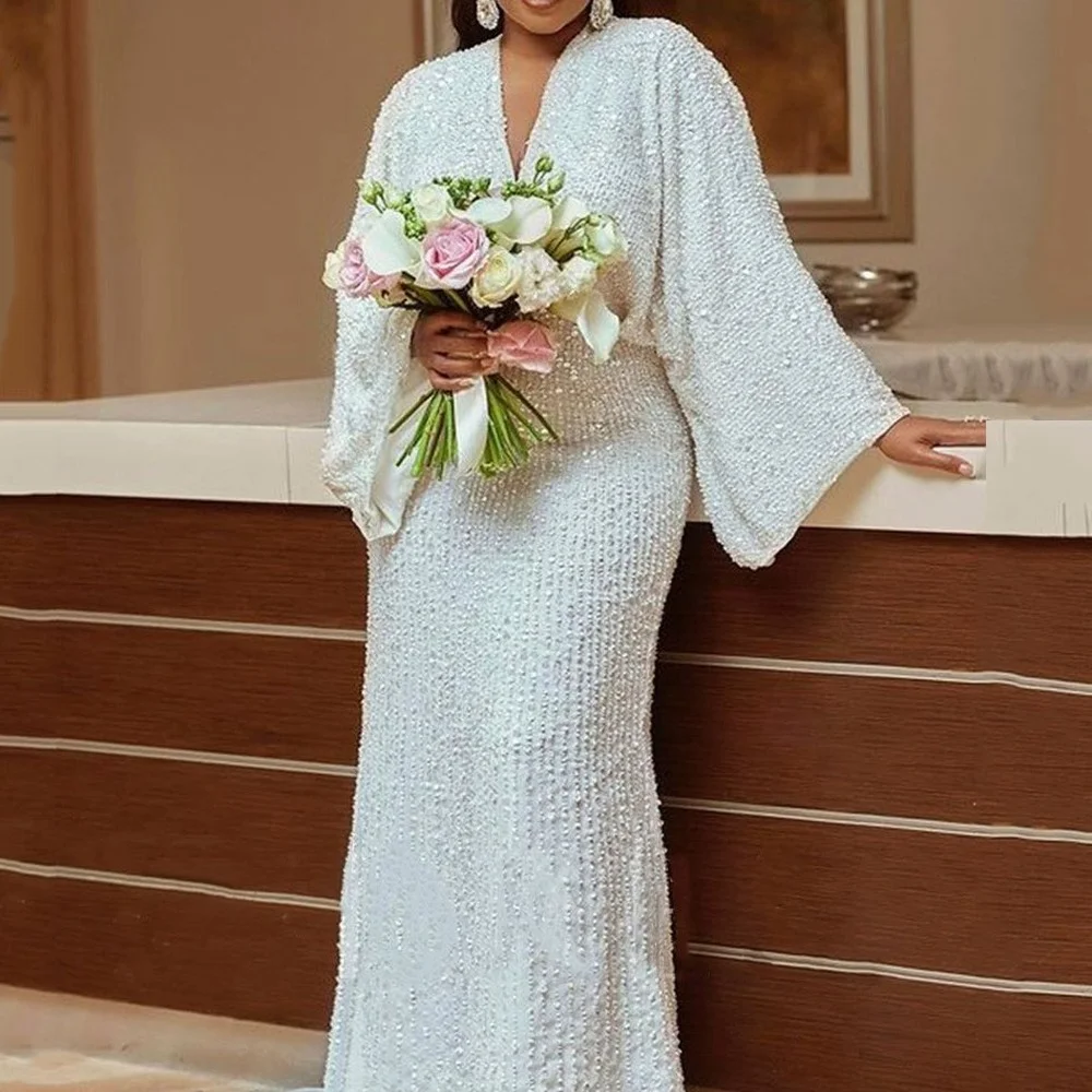 

Women White Glitter Dress Large Size Sequins Flare Sleeve Long Dresses Curve Lady Party Birthday Celebrity Christmas Outfits