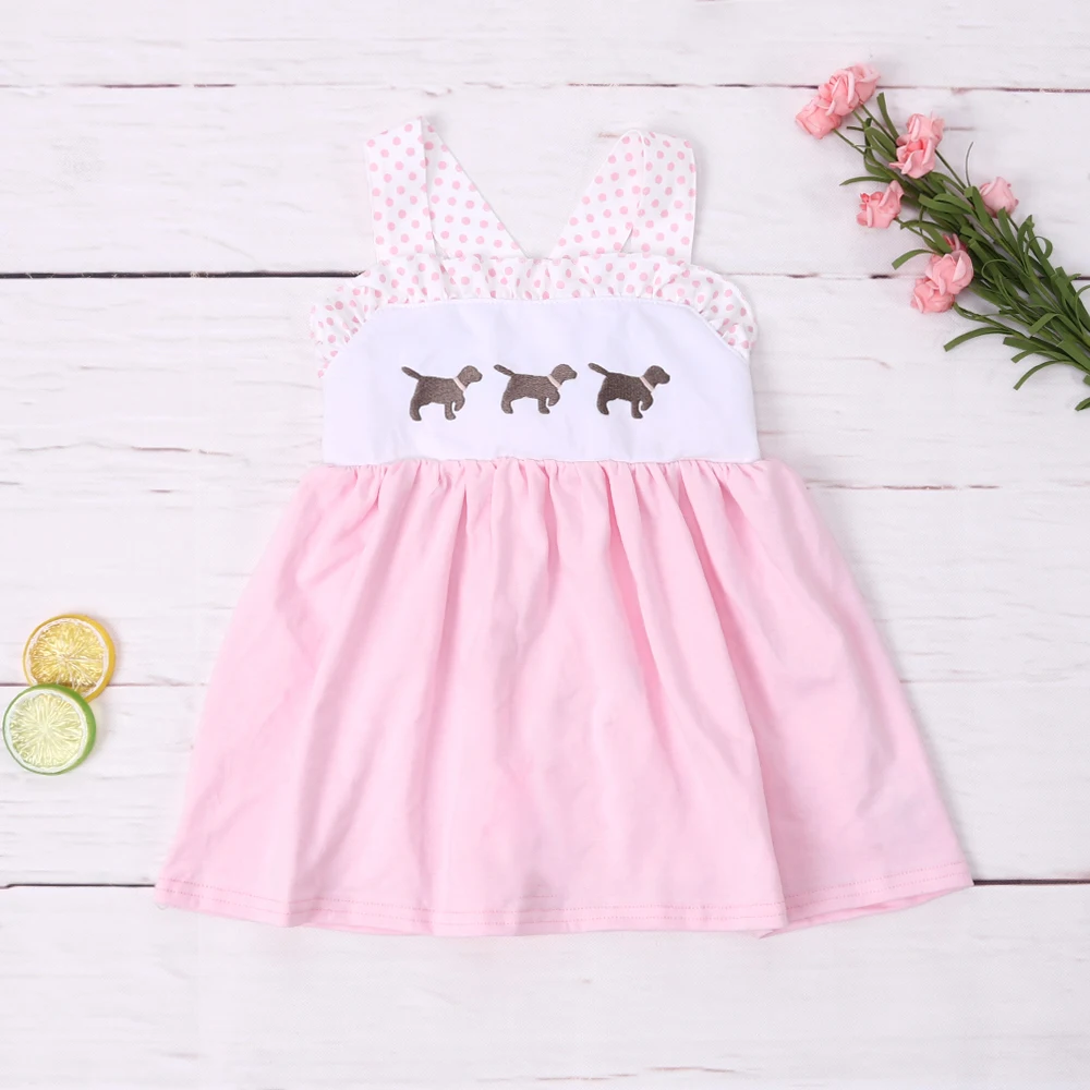 

1-8T Summer Pink Girl Party Dress With Cartoon Three Dogs Embroidery Robe Sleeveless Princess Dress One-piece Long Skirt Clothes
