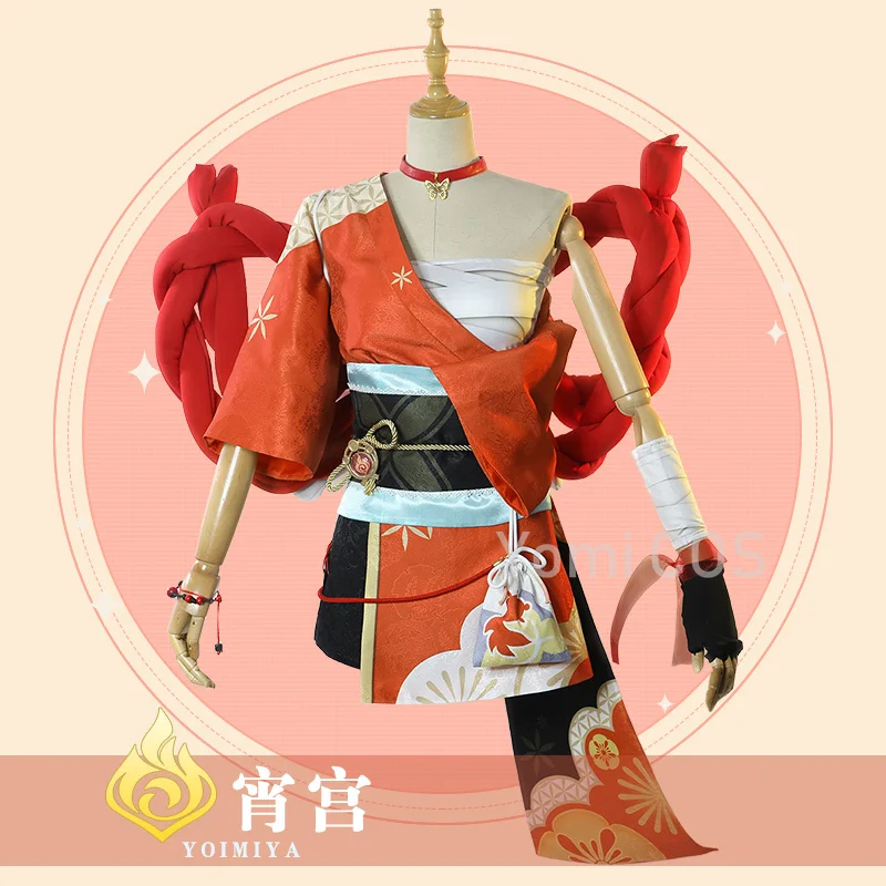 

Костюм для косплея Game Genshin Impact Yoimiya, милая модная боевая униформа для вечеринки, искусственный парик из аниме, красивая обувь