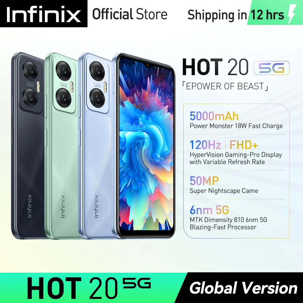 *World Premiere* infinix Hot 20 5G NFC Smartphone Dimensity 810 6nm 5G Processor 6.6" 120Hz FHD+ Display 50MP 18W Mobile Phone