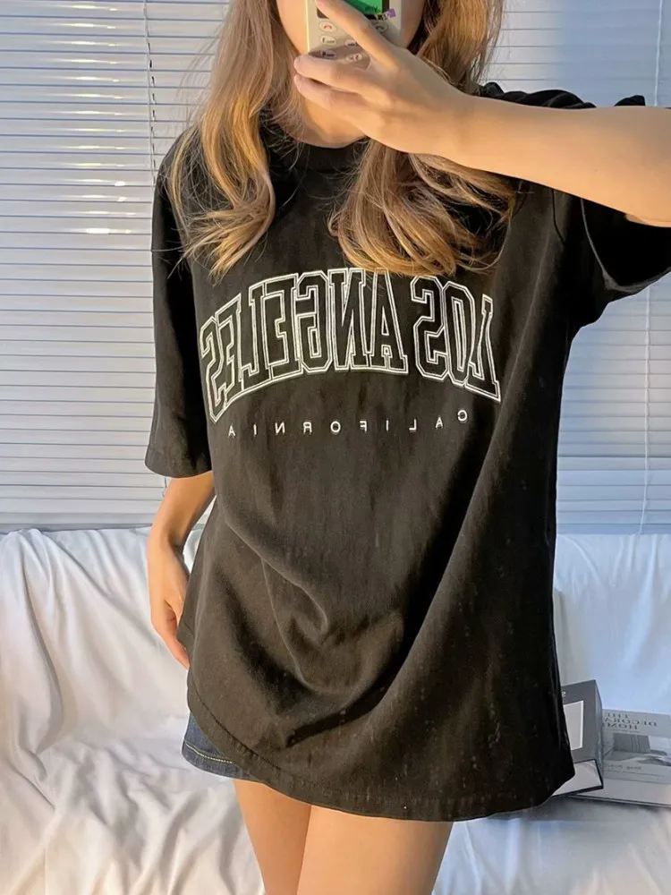 

Повседневные женские модные мягкие хлопковые свободные футболки с буквенным принтом 2023 летние винтажные женские шикарные топы с круглым вырезом и коротким рукавом