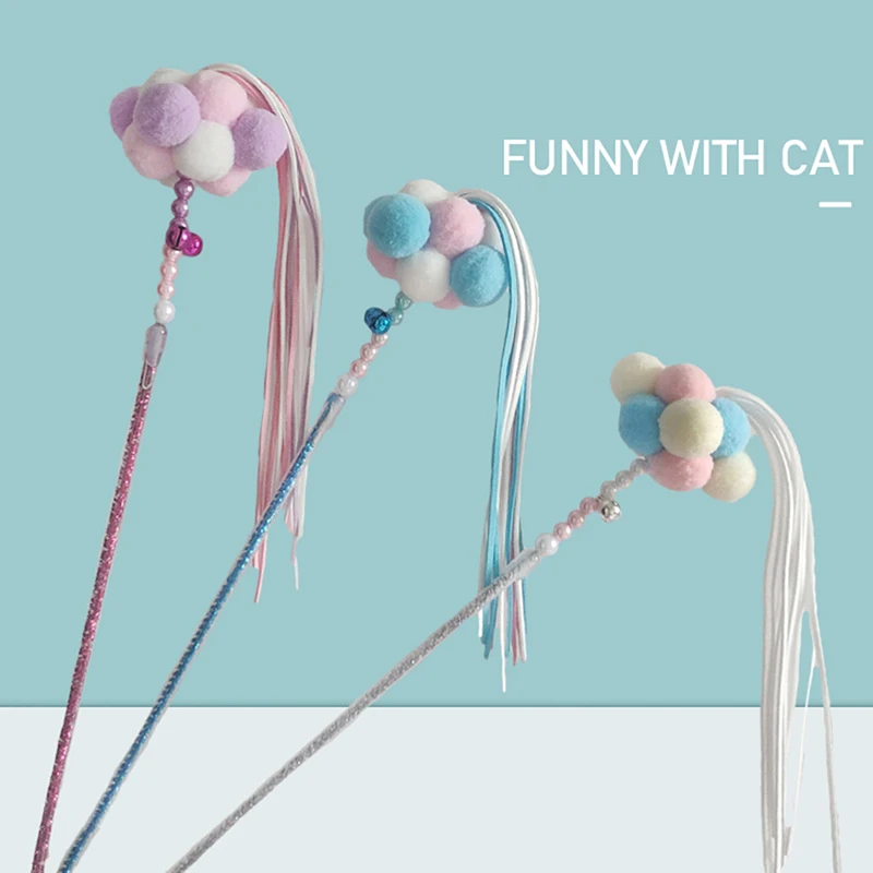 

Pet Cat Teaser Wand Beaded Kitten Teaser Stick Cat Interactive Toy Colorful Pet Tassel Wand With Pompom