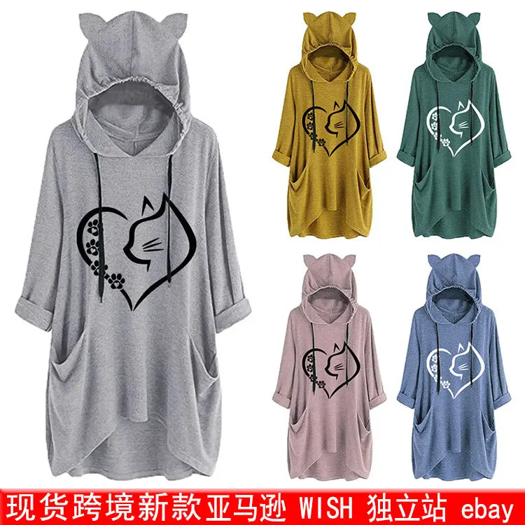 

2023 A Autumn Pullover Women Hoodie Girls Cat Ears Heart Shape Cartoon Sweatshirt Cosplay Costume Hoodies Sweatshirts