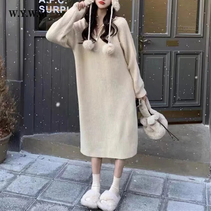 

WYWM Winter Solid Loose Straight Dress Women Casual Minimalist Mid-length Dresses Female Vintage Half Turtleneck Flexible Dress