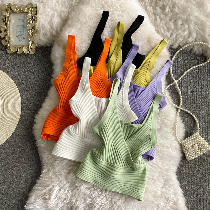 

Knitted tank top women sexy sleeveless camisole solid color tops for woman slim fit korean camis 2022 summer new