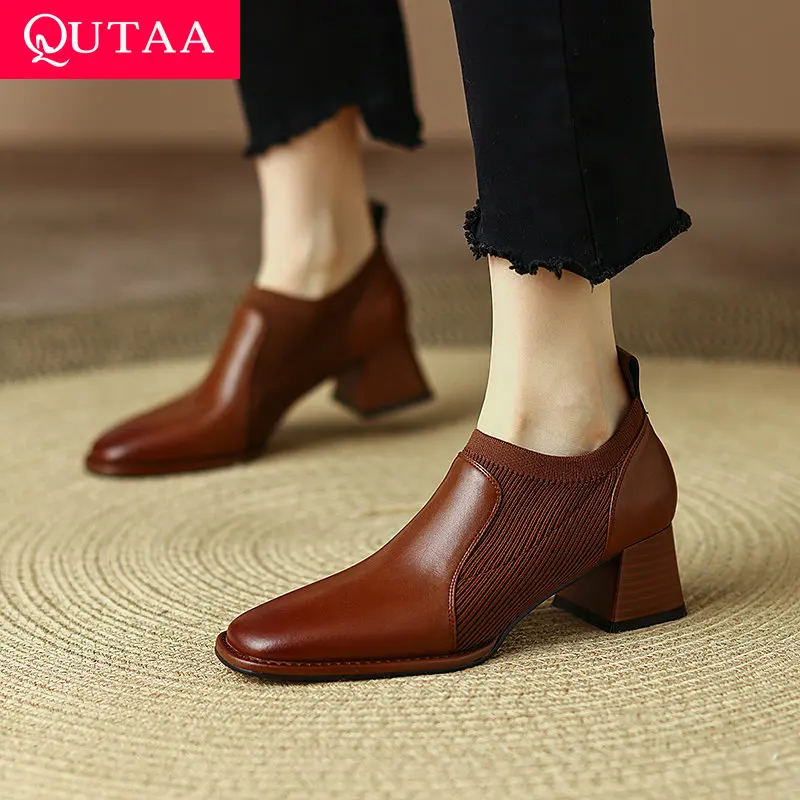 

QUTAA 2022 Women Shoes Summer Square Med Heels Elegant Genuine Leather Square Toe Slip On All Match Female Pumps Size 34-42