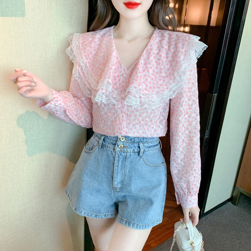 

Chiffon Women's Blouse Summer Lace Printing Shirt Slim Fit Long Sleeve Casual Fashion Female 2022 Top New Korean Style Clothing