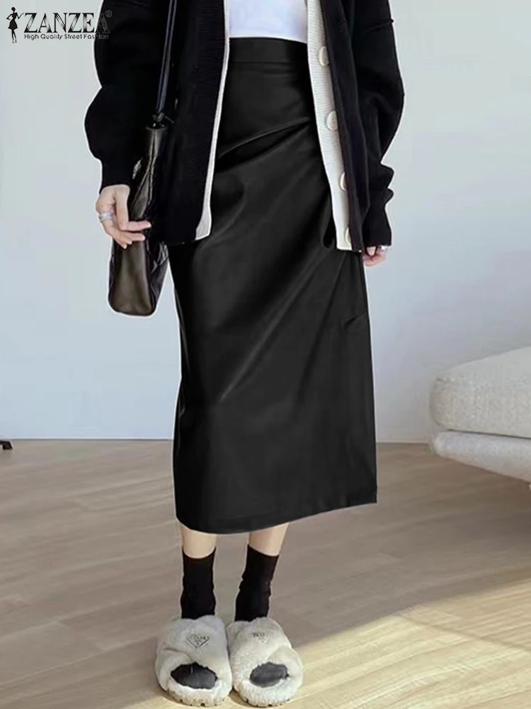 

Корейская мода кожаные юбки ZANZEA женские элегантные юбки с высокой талией Весна 2023 юбка миди с рюшами Повседневная Длинная юбка-футляр для женщин
