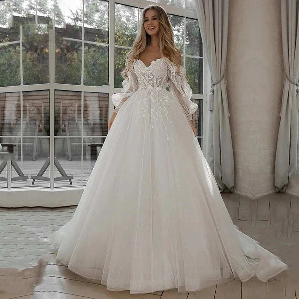 

Ball Gown Glitter Wedding Dresses Removable Puffy Long Sleeve Appliques Lace Tulle Bohemian Bridal Gowns vestidos de gala